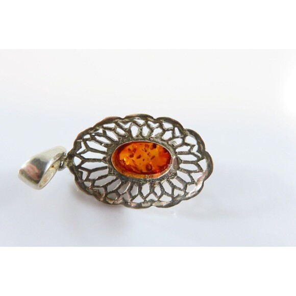 Sterling Baltic Amber Pendant 925 Pierced Frame 1 3/4" Drop - Picture 7 of 9